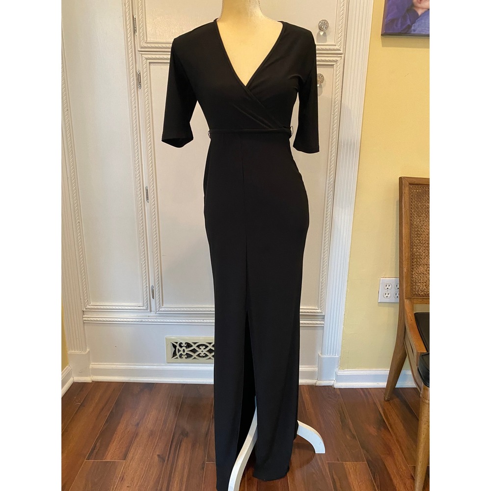 Alloy Apparel Black V-Neck Wrap Maxi Dress Front Slit Short Sleeve Small